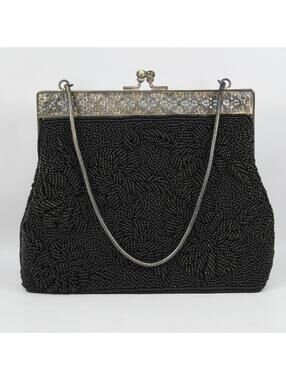 Vtg Black Beaded Purse Evening Bag Silver Tone Filigree Frame Rhinestone Clasp